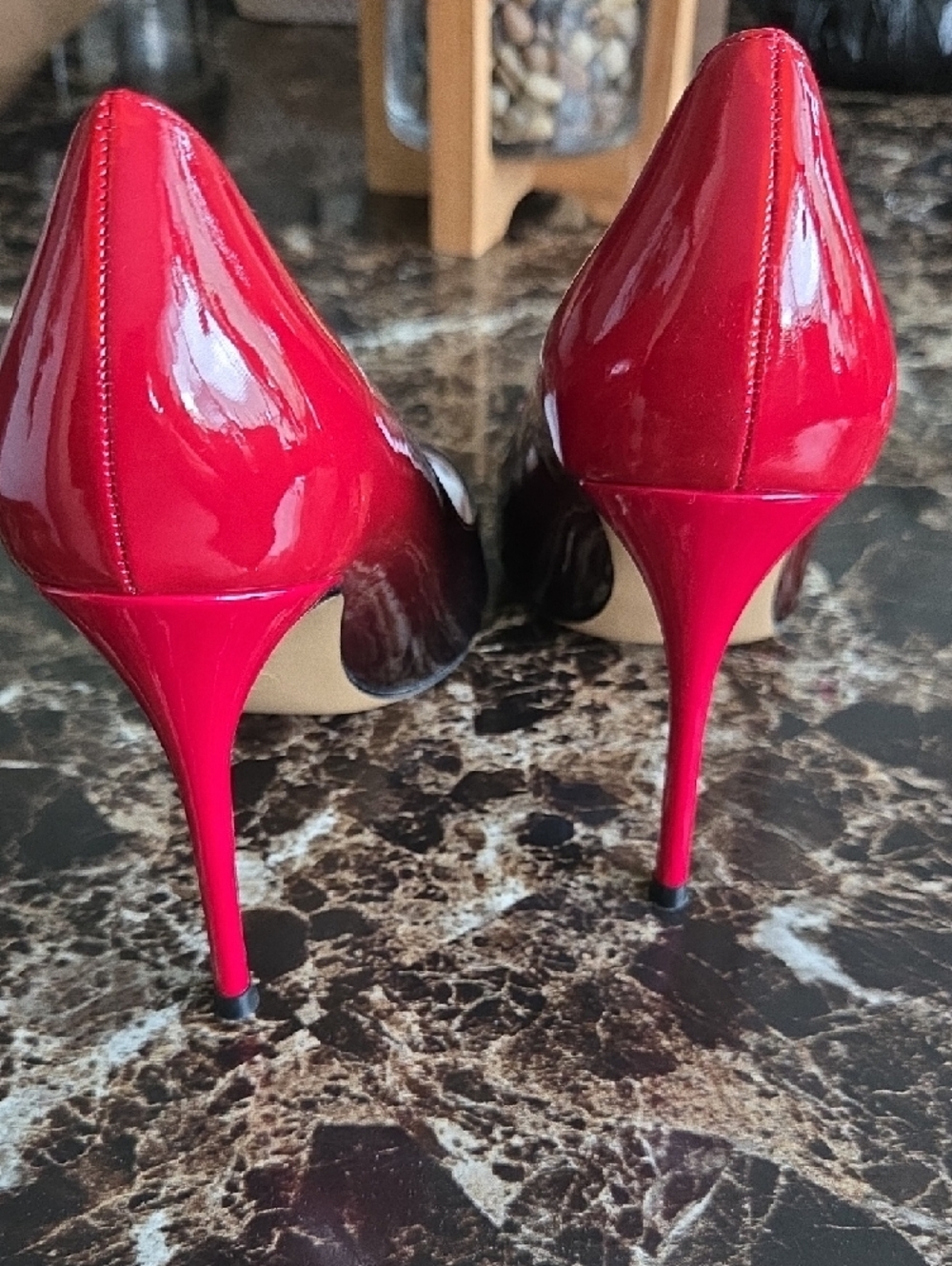 Two-Tone Red and Black Patent Pointed Toe Stiletto Heels - Picture 3 of 5